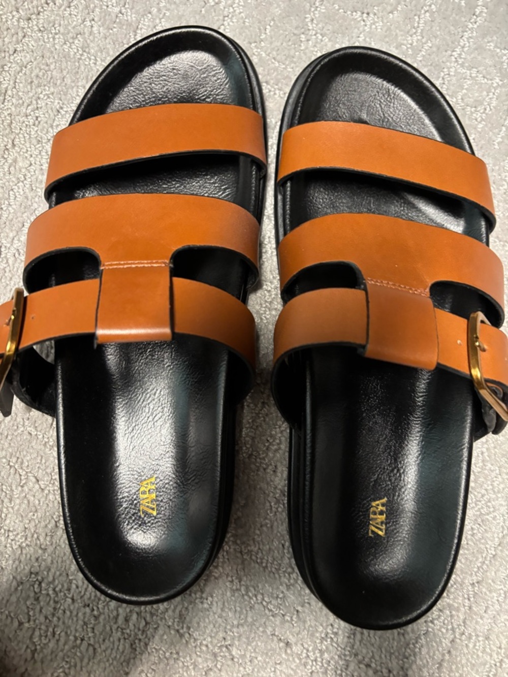 ZARA Brown Leather Double-Strap buckle Slide Sandals with Gold Buckle